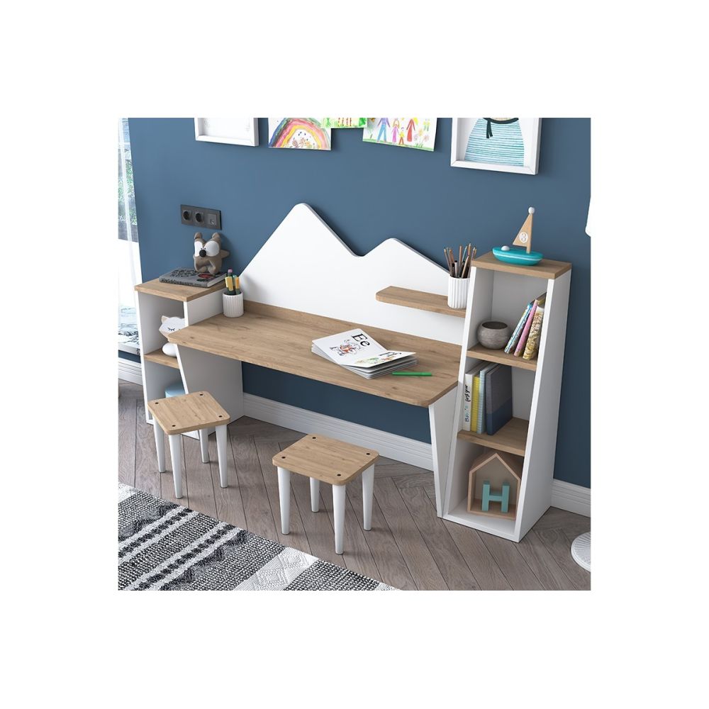 Mesa de Escritorio Infantil para Niños, Color Nogal y Blanco, 180x45x93.5 cm
