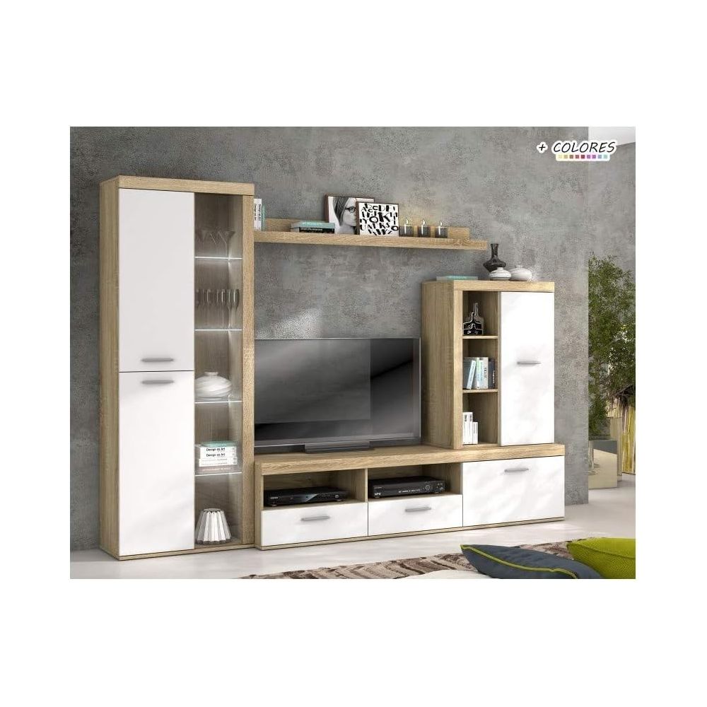 Mueble de Salón Moderno con Leds, Acabado en Cambria, 260x191 cm