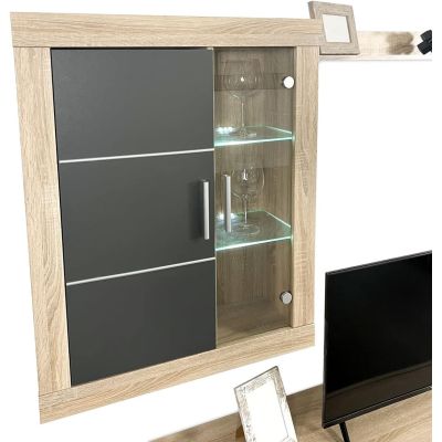 Meyvaser Mueble de salón y TV Moderno con Leds Color Cambria y Grafito Módulo de Comedor 259 Cm