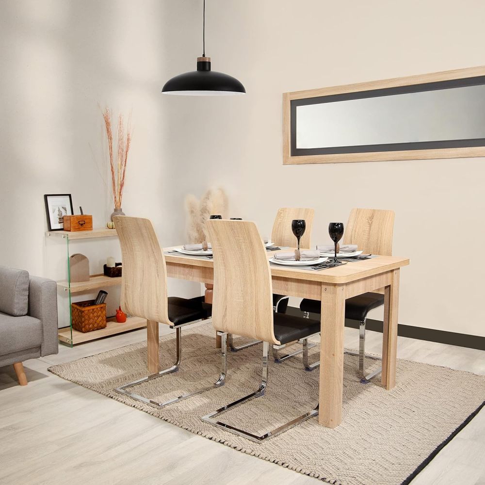 Pack 4 sillas de Comedor, Acabado en símil Piel Color Negro y Madera, Medidas: 44 cm (An) x 57 cm (Lar) x 97 cm (Al)