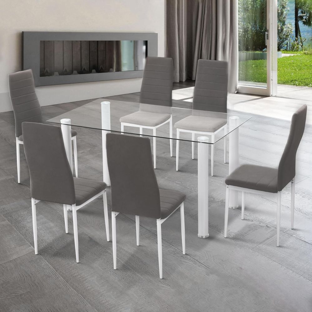 Pack de 6 Sillas Tapizadas para Comedor/Salón – Marengo y Patas Blancas en Aluminio, Dimensiones: 40 cm x 42 cm x 96 Cm