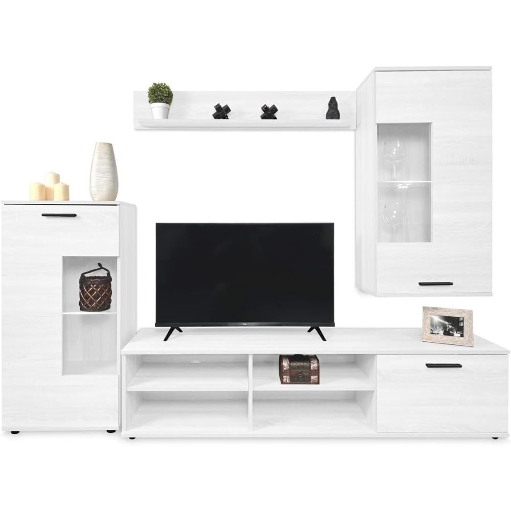 Mueble de Salón Moderno con Leds, Acabado en Andersen, Medidas: 229 cm (Ancho) x 200 cm (Alto) 38 cm (Fondo)