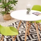 Mesa Redonda de Comedor o Cocina en Patas de Madera y Tapa Blanca – 80 cm de Diámetro y 75 cm de Alto.