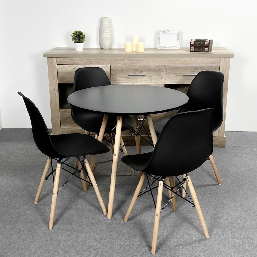 Mesa Redonda de Comedor o Cocina en Patas de Madera y Tapa Negra – 80 cm de Diámetro y 75 cm de Alto.