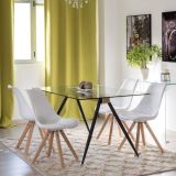 Mesa de Comedor de Cristal Templado - Patas Metálicas Negras y Travesaño de Madera | Diseño Moderno | 140x90 x 75 cm