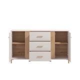 Aparador en Melamina Cashmere y Roble Artisan con Puertas, Mueble de Almacenaje - Medidas 163,5x40x90,5 cm