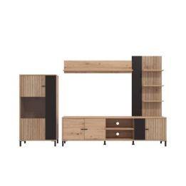 Composición de Salón en Roble Artisan y Negro con Efecto Alistonado- Medidas 263x40x167 cm