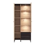 Vitrina Alta en Roble Artisan y Negro con Puerta Estrecha, Puerta Acristalada y 2 Cajones - Medidas 86,5x40x195 cm