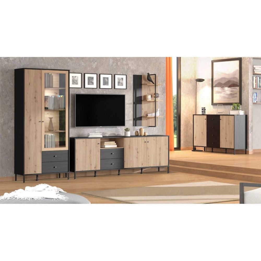 Vitrina Alta en Roble Artisan y Negro con Puerta Estrecha, Puerta Acristalada y 2 Cajones - Medidas 86,5x40x195 cm