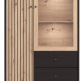 Vitrina Alta en Roble Artisan y Negro con Puerta Estrecha, Puerta Acristalada y 2 Cajones - Medidas 86,5x40x195 cm