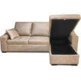 Sofá Cama 3 Plazas Reversible con Chaiselongue y Almacenaje, Tapizado en Tela Piedra, 229x93x153 cm